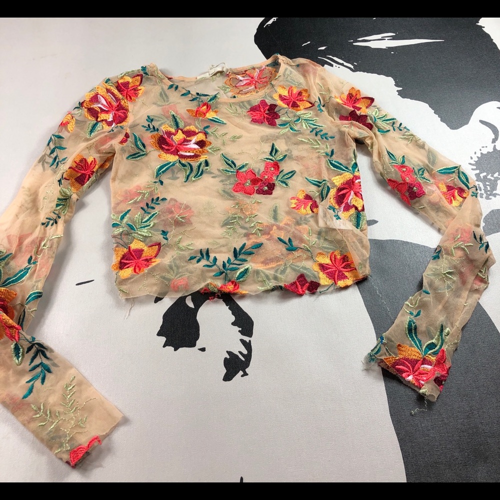 Urban Outfitters Nude Mesh Floral Embroidered Top